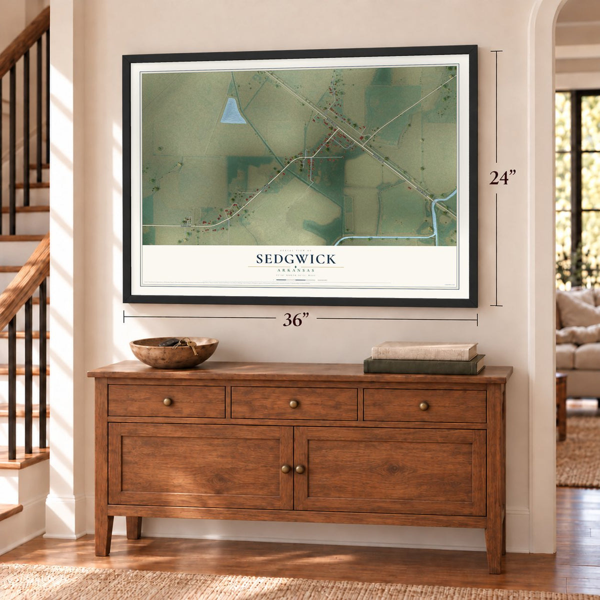 Sedgwick, Arkansas map, 24 x 36 inch print in a black frame above a dresser by a staircase