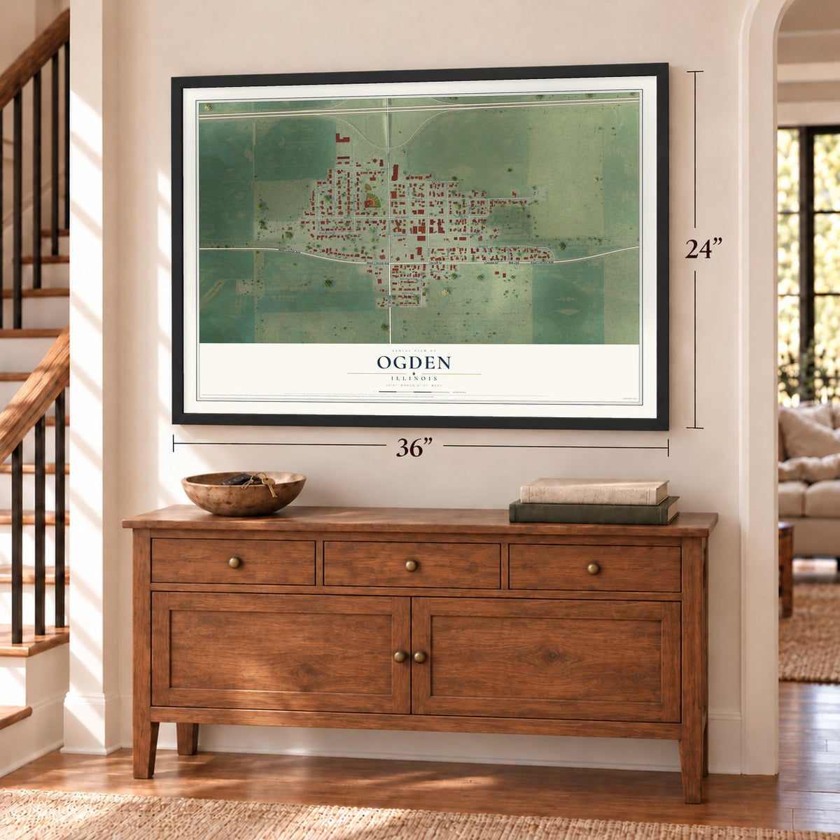 Ogden, Illinois map, 24 x 36 inch print in a black frame above a dresser by a staircase