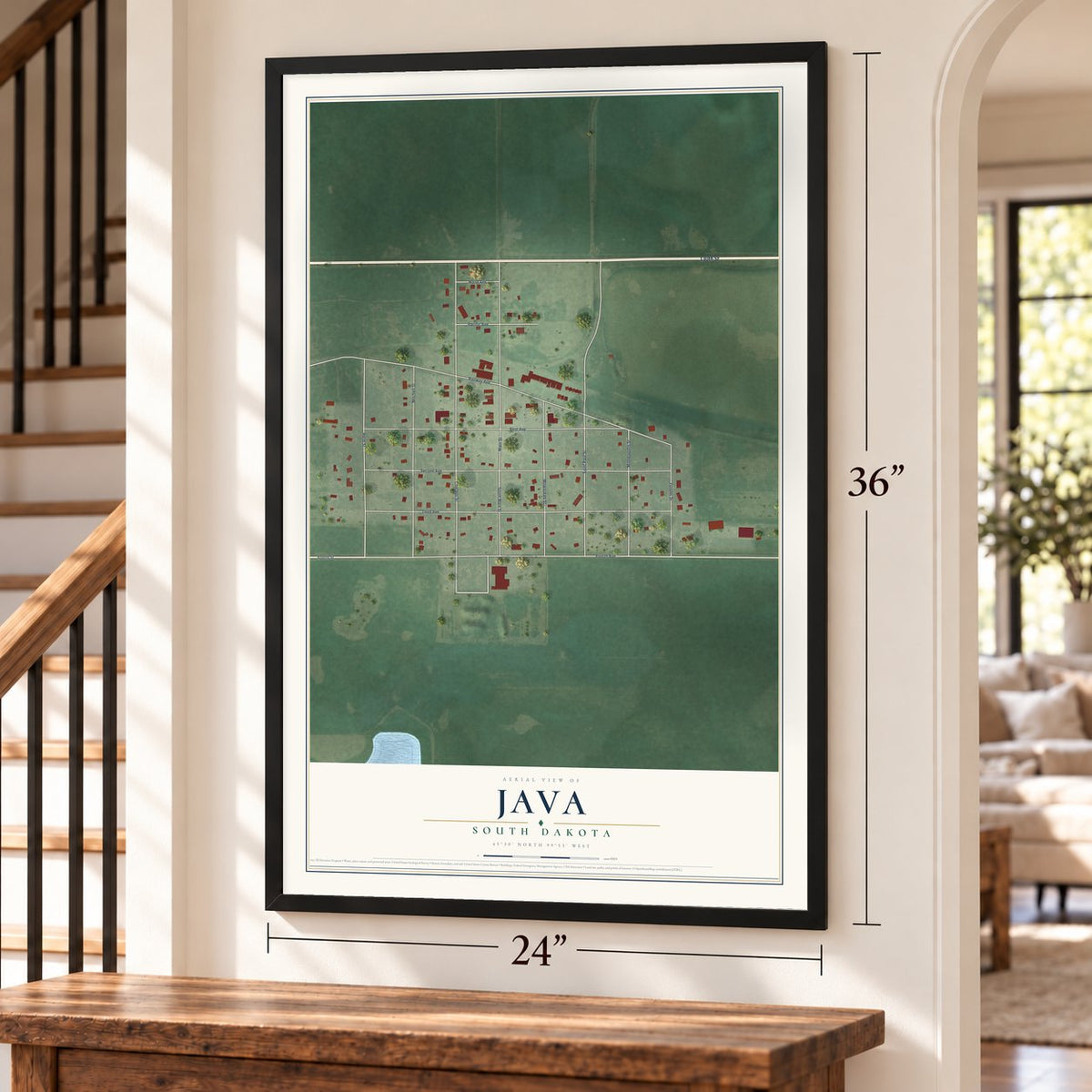 Java, South Dakota map, 24 x 36 inch print in a black frame by a staircase