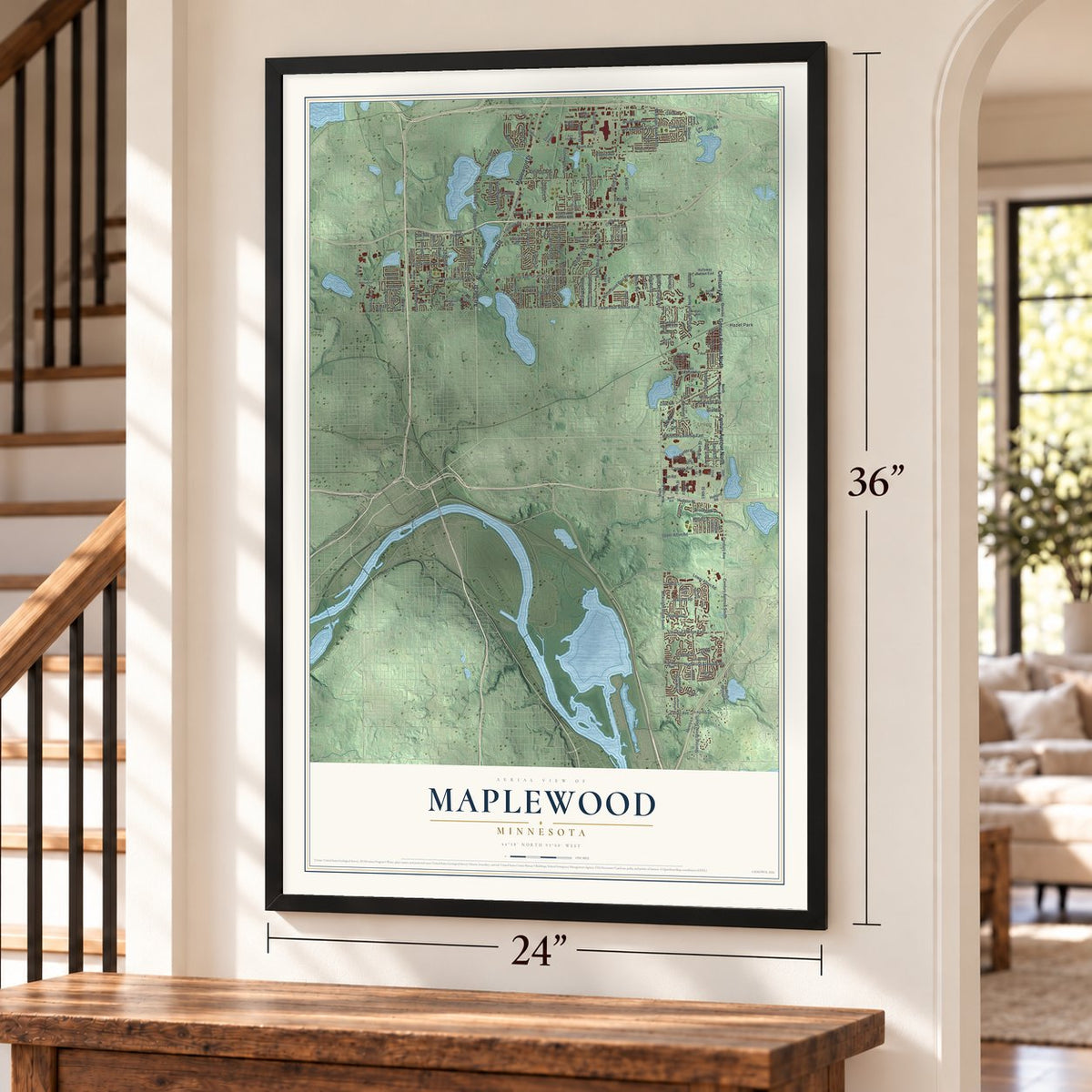 Maplewood, Minnesota map, 24 x 36 inch print in a black frame by a staircase