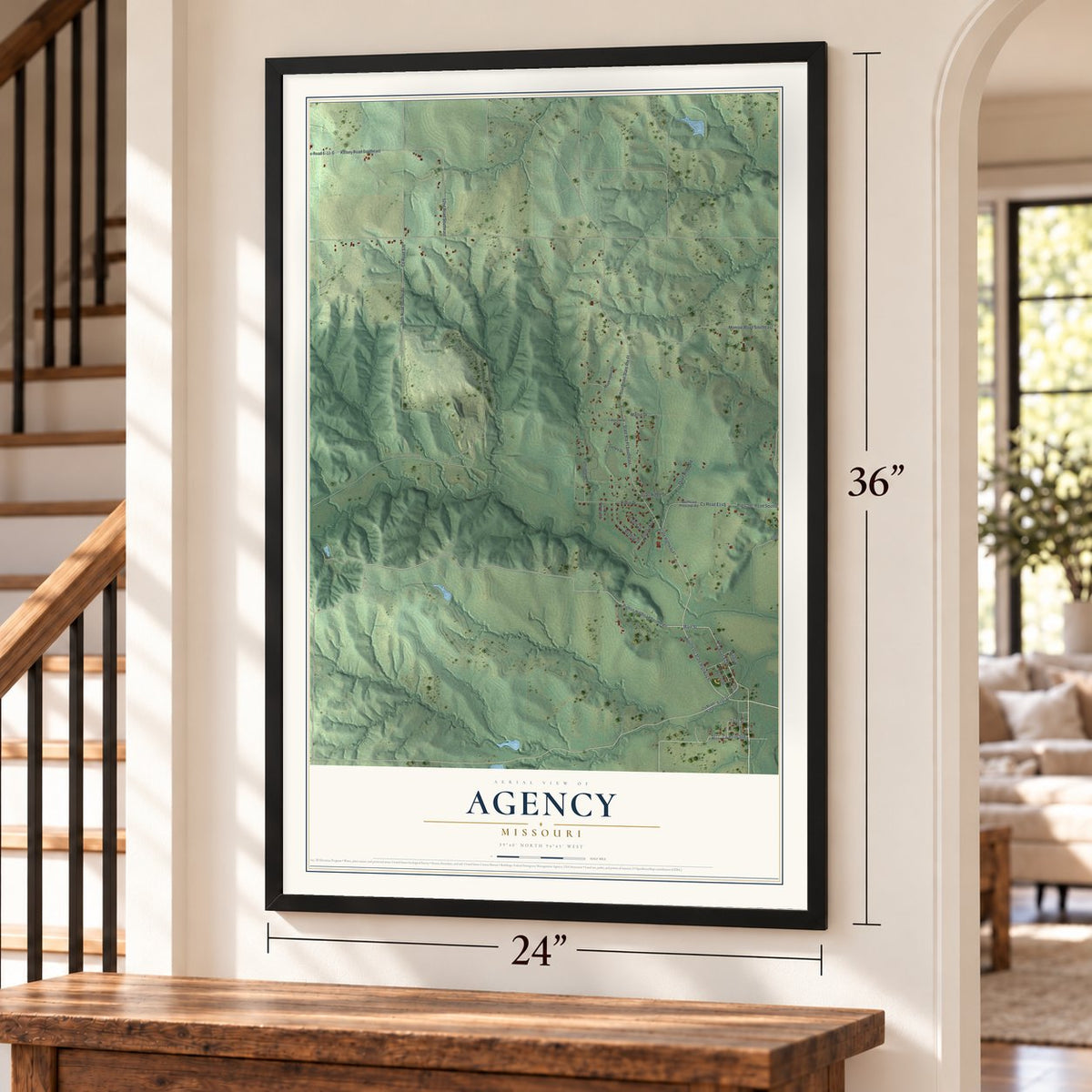 Agency, Missouri map, 24 x 36 inch print in a black frame by a staircase