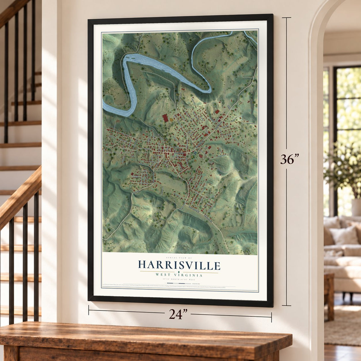 Harrisville, West Virginia map, 24 x 36 inch print in a black frame by a staircase