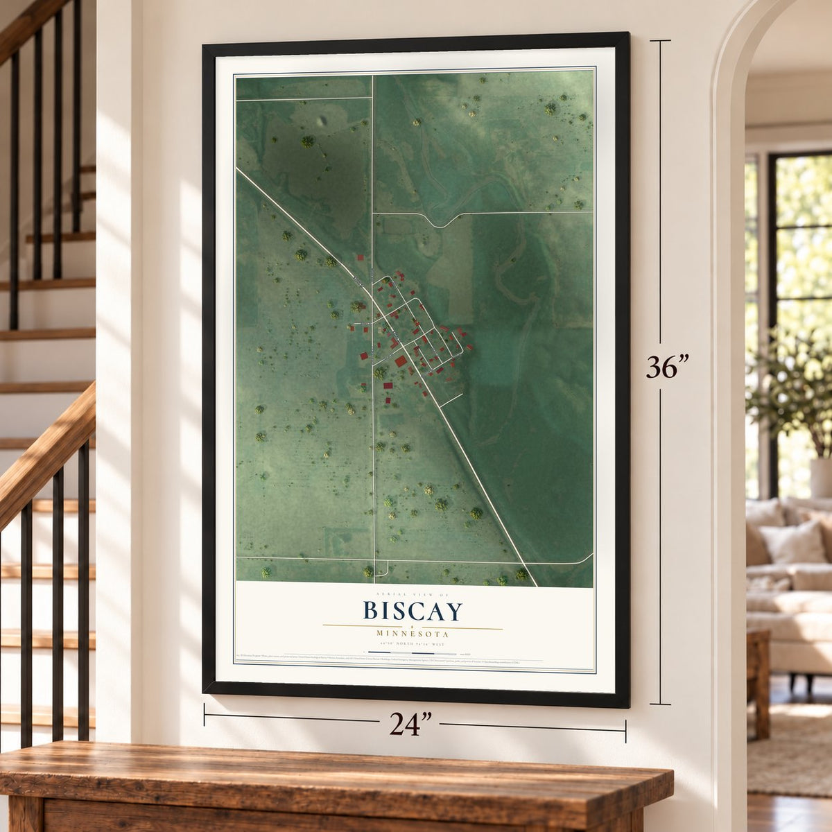 Biscay, Minnesota map, 24 x 36 inch print in a black frame by a staircase