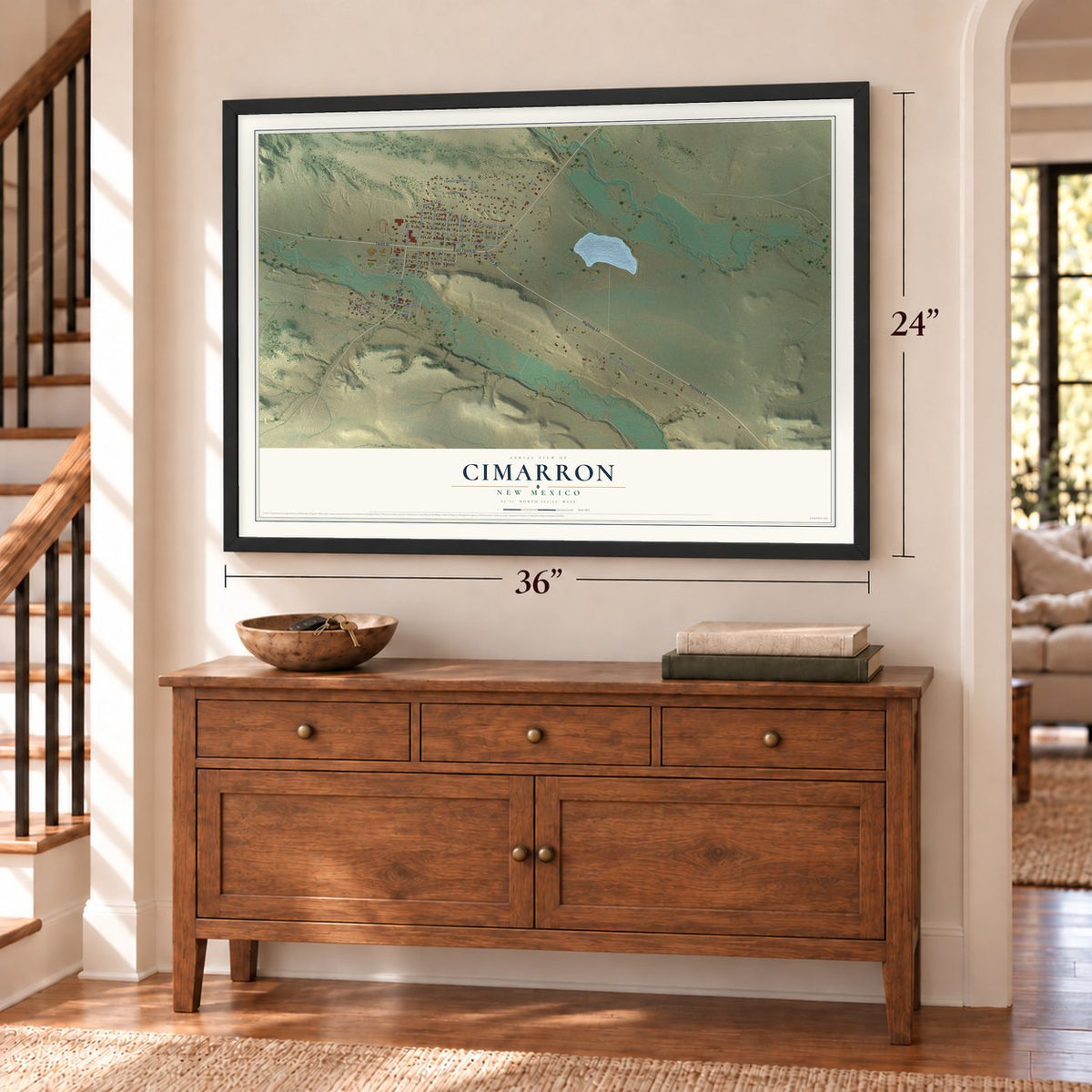 Cimarron, New Mexico map, 24 x 36 inch print in a black frame above a dresser by a staircase