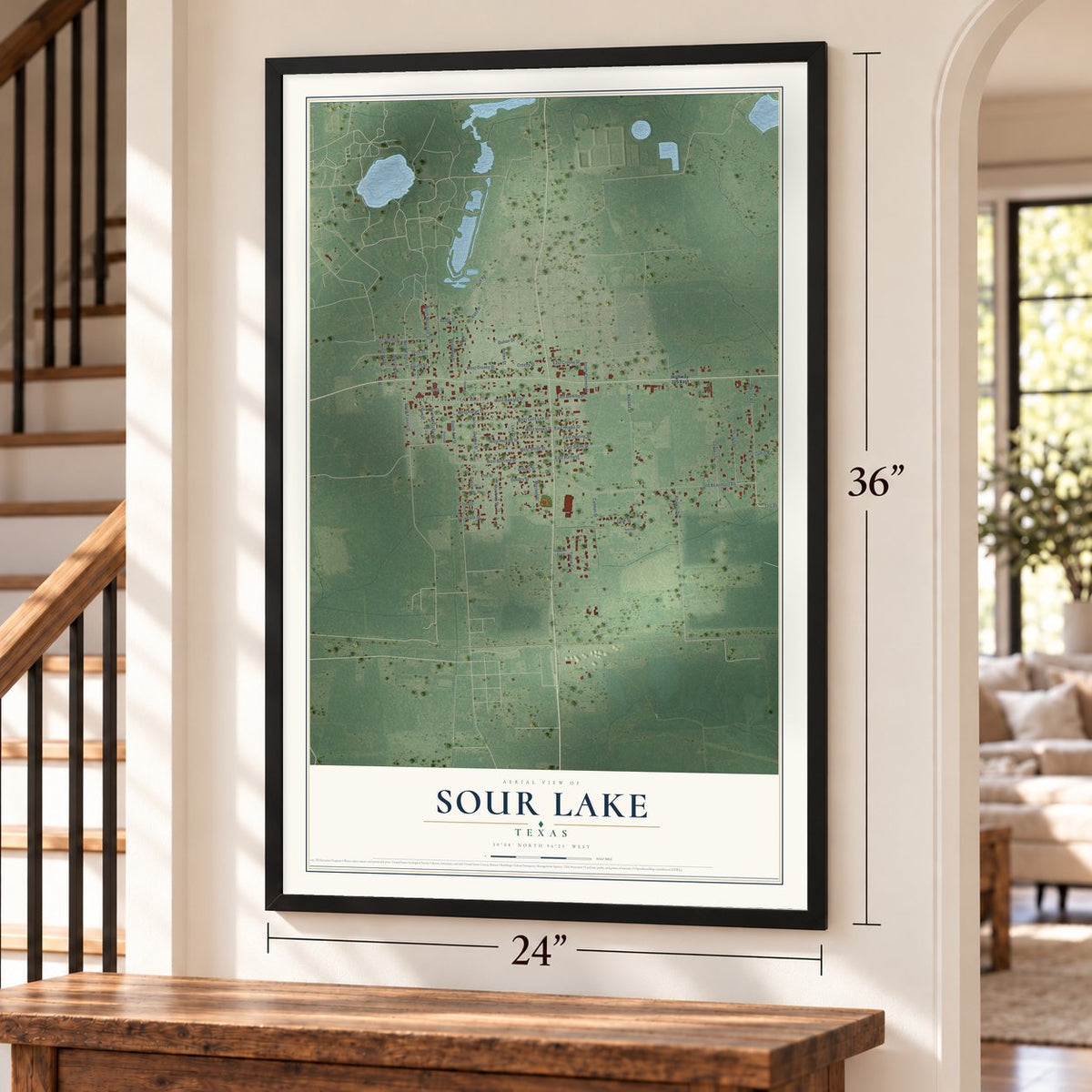 Sour Lake, Texas map, 24 x 36 inch print in a black frame by a staircase