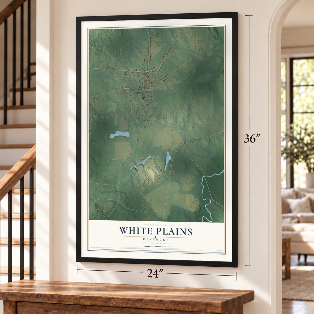 White Plains, Kentucky map, 24 x 36 inch print in a black frame by a staircase