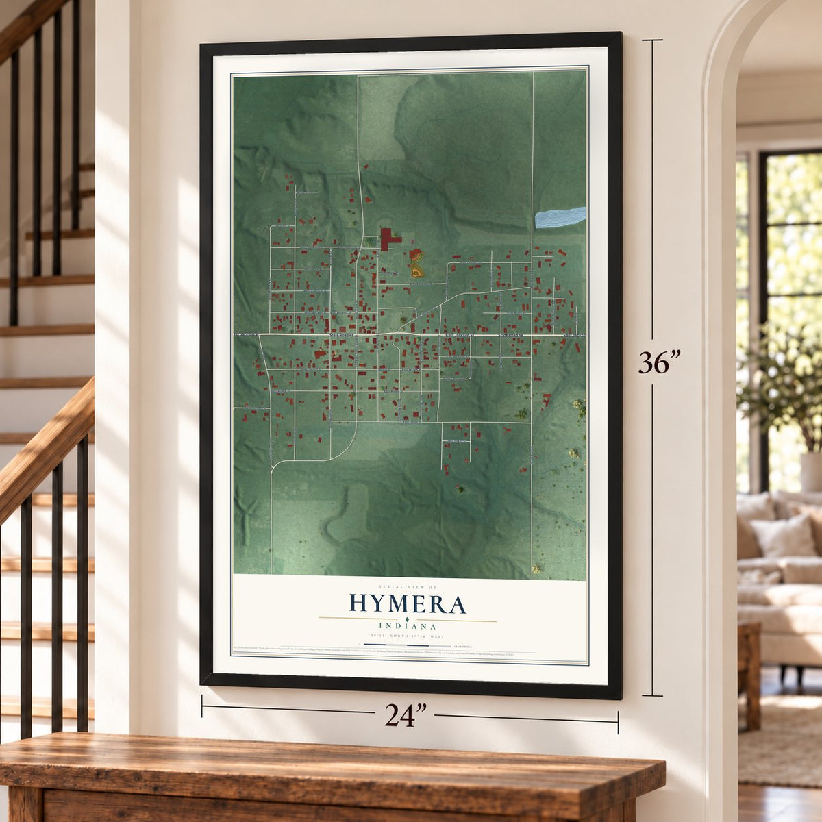 Hymera, Indiana map, 24 x 36 inch print in a black frame by a staircase