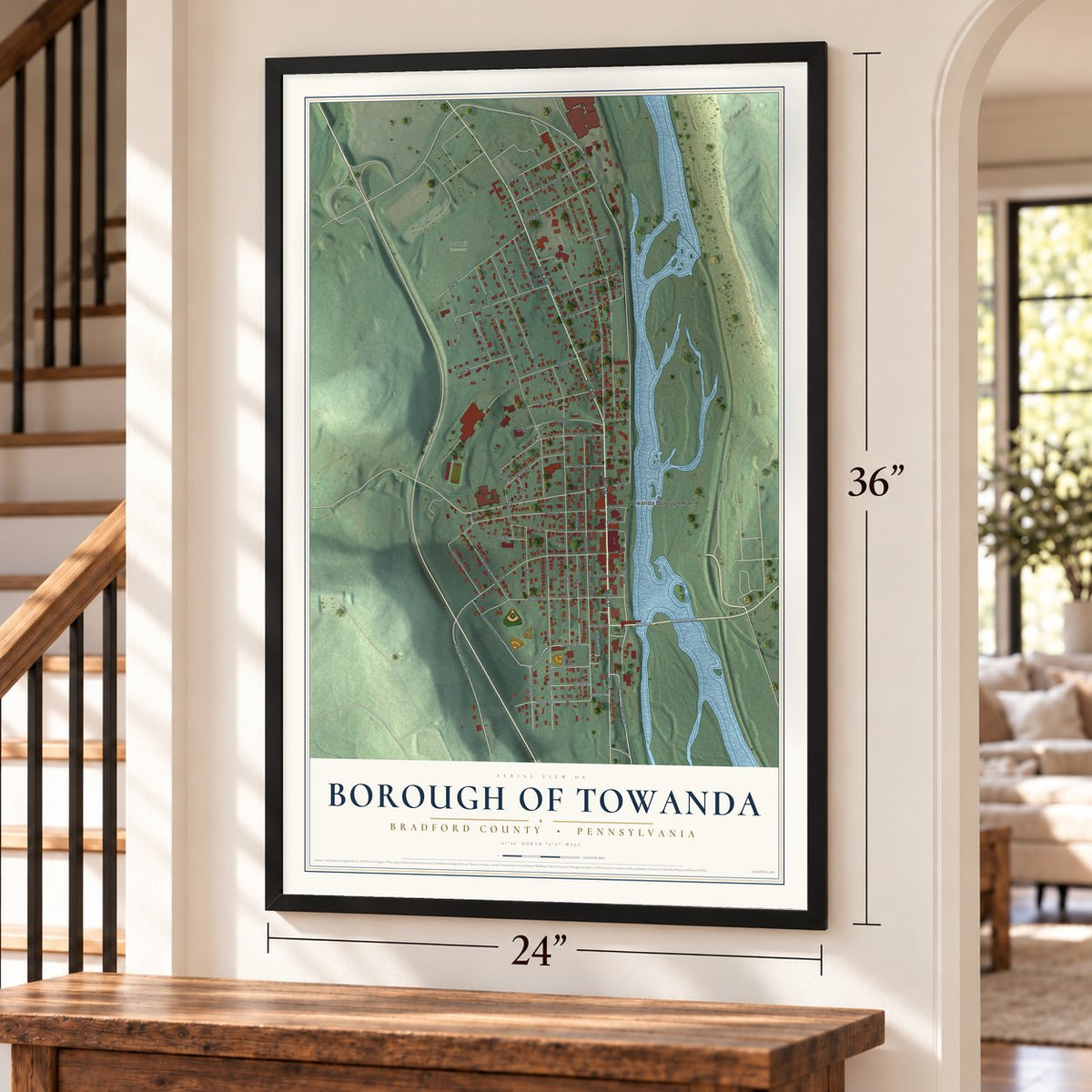 Borough of Towanda, Bradford County, Pennsylvania map, 24 x 36 inch print in a black frame by a staircase
