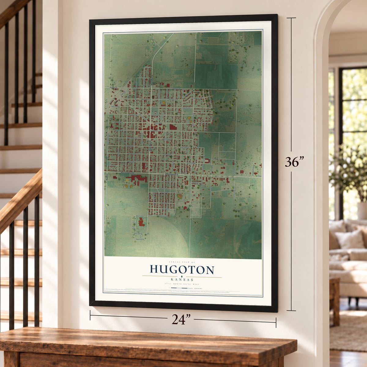 Hugoton, Kansas map, 24 x 36 inch print in a black frame by a staircase
