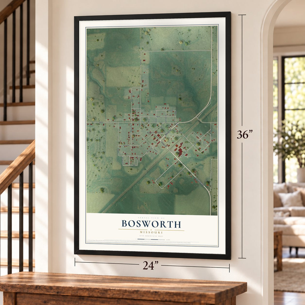 Bosworth, Missouri map, 24 x 36 inch print in a black frame by a staircase