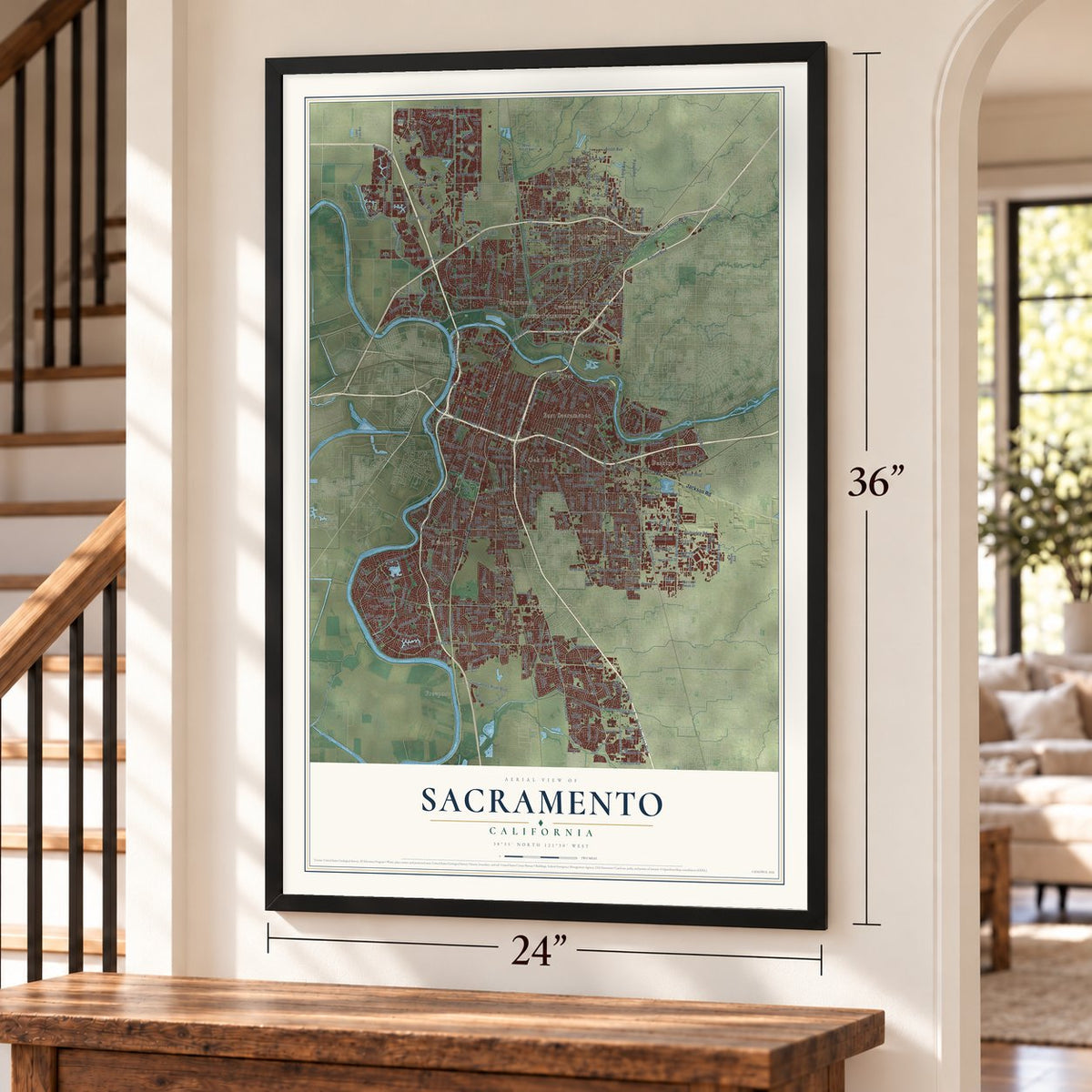 Sacramento, California map, 24 x 36 inch print in a black frame by a staircase