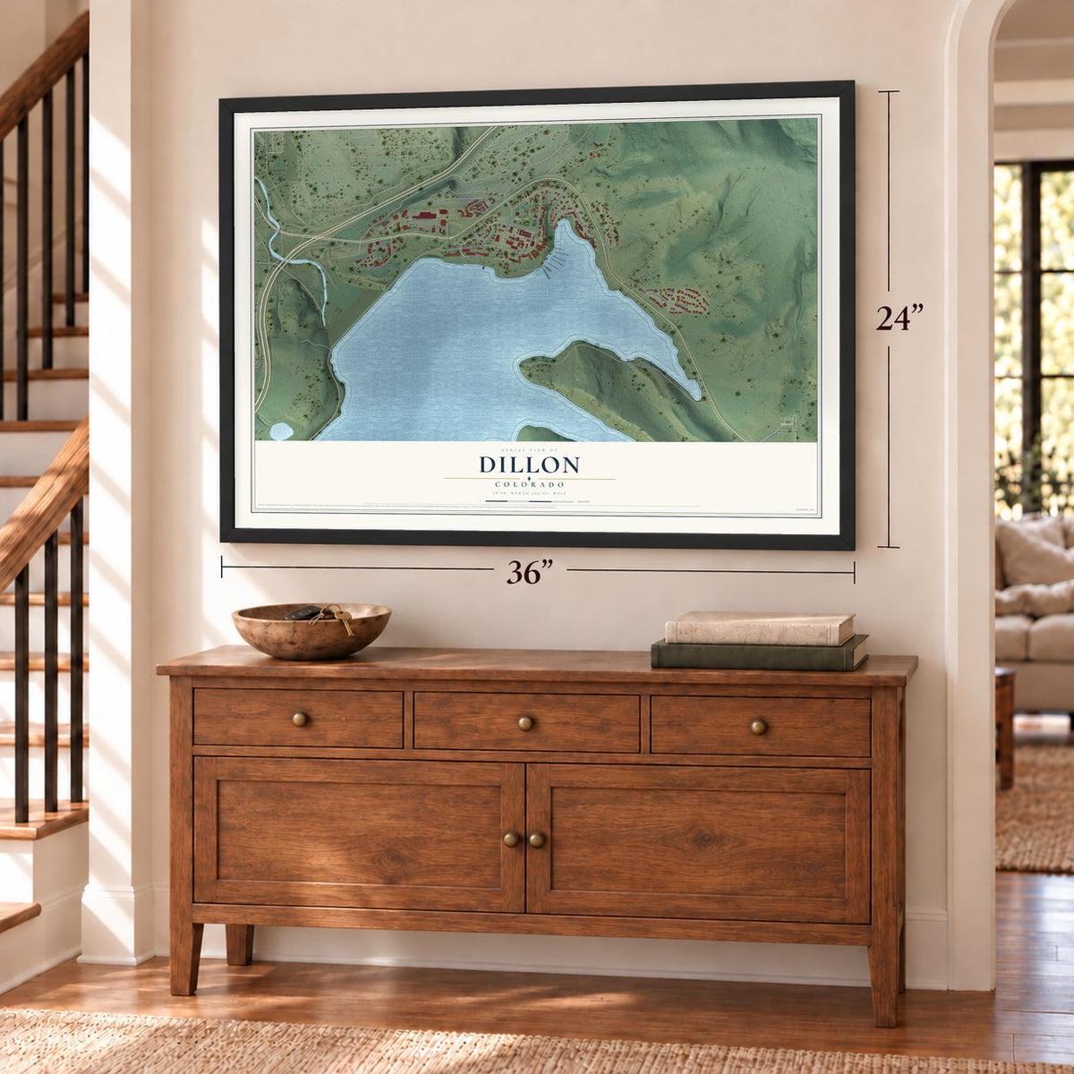 Dillon, Colorado map, 24 x 36 inch print in a black frame above a dresser by a staircase