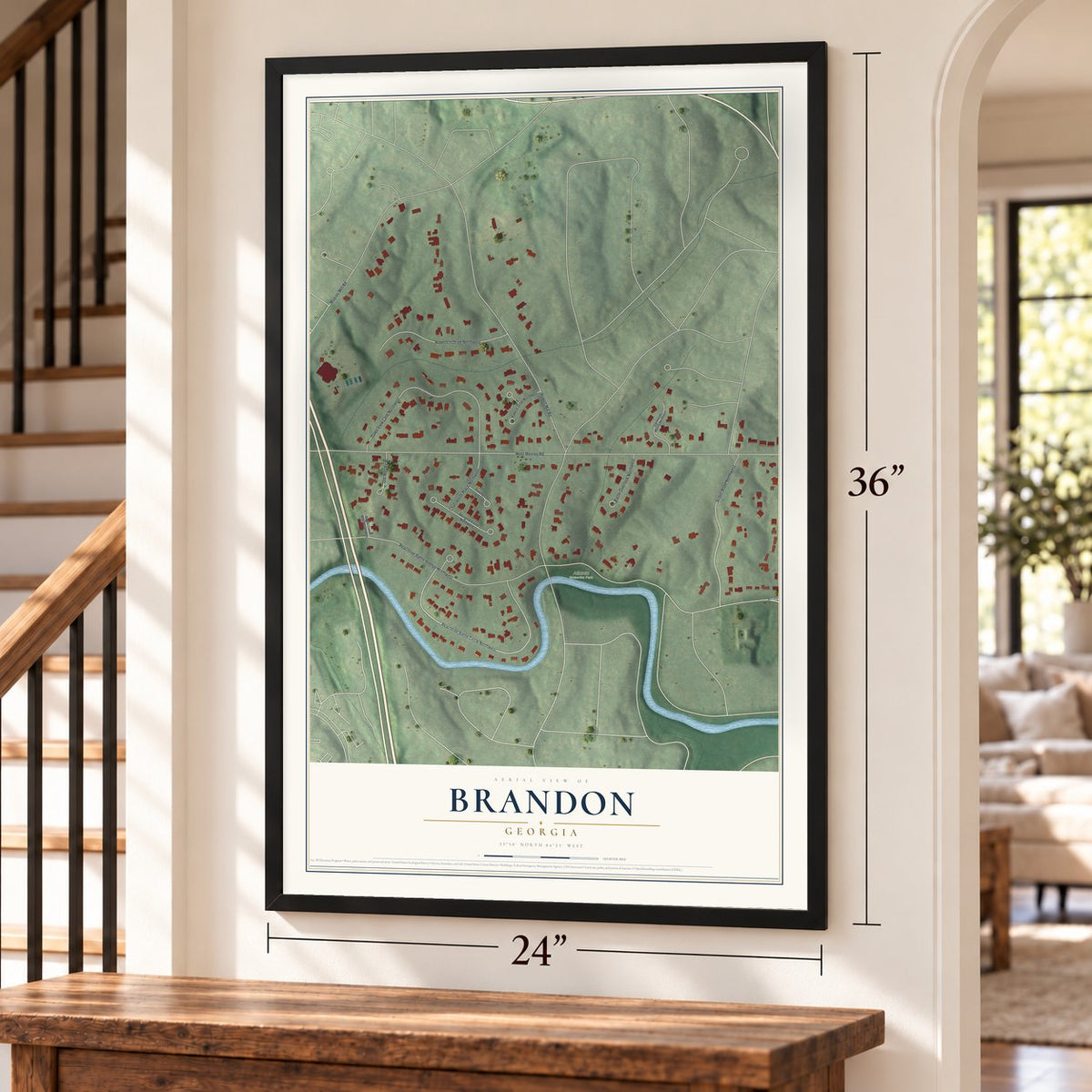 Brandon, Georgia map, 24 x 36 inch print in a black frame by a staircase