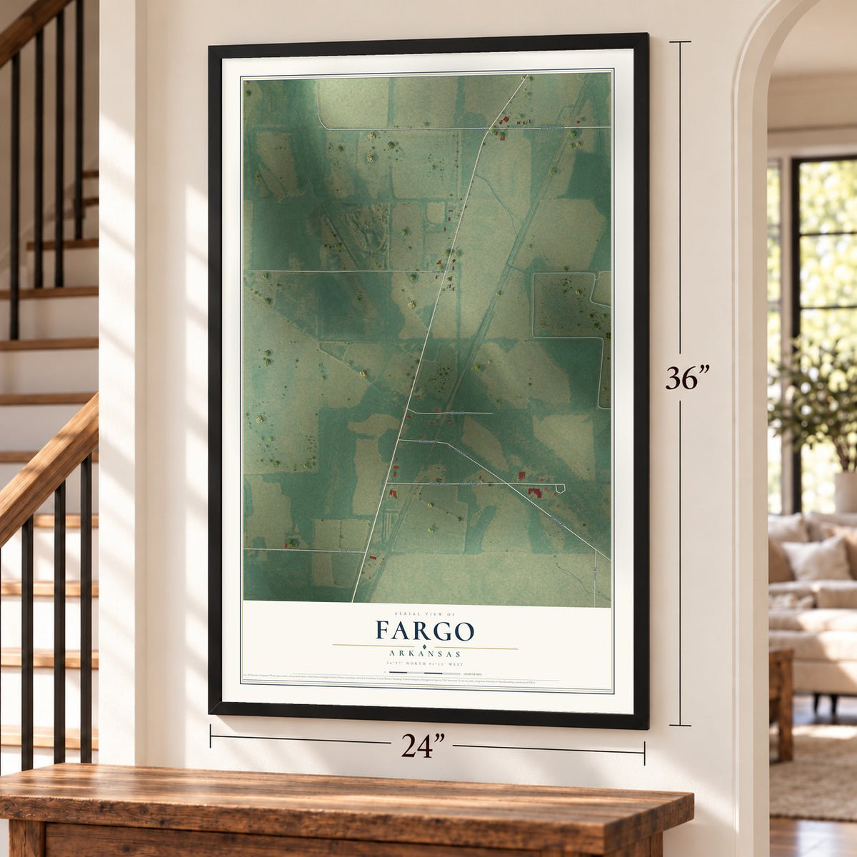 Fargo, Arkansas map, 24 x 36 inch print in a black frame by a staircase