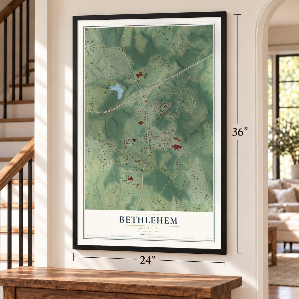 Bethlehem, Georgia map, 24 x 36 inch print in a black frame by a staircase