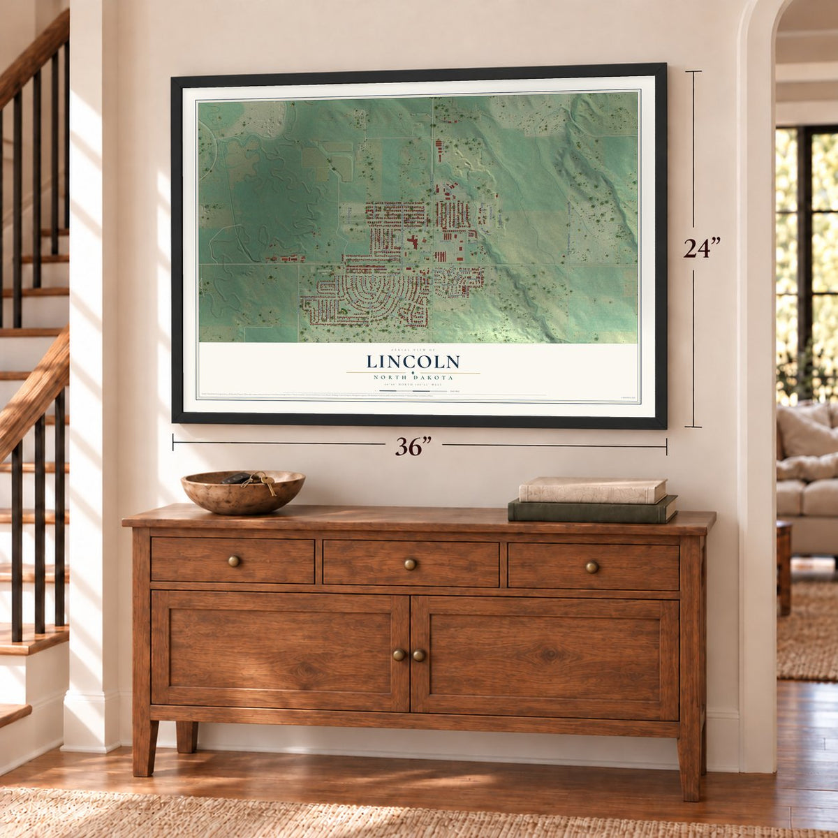 Lincoln, North Dakota map, 24 x 36 inch print in a black frame above a dresser by a staircase