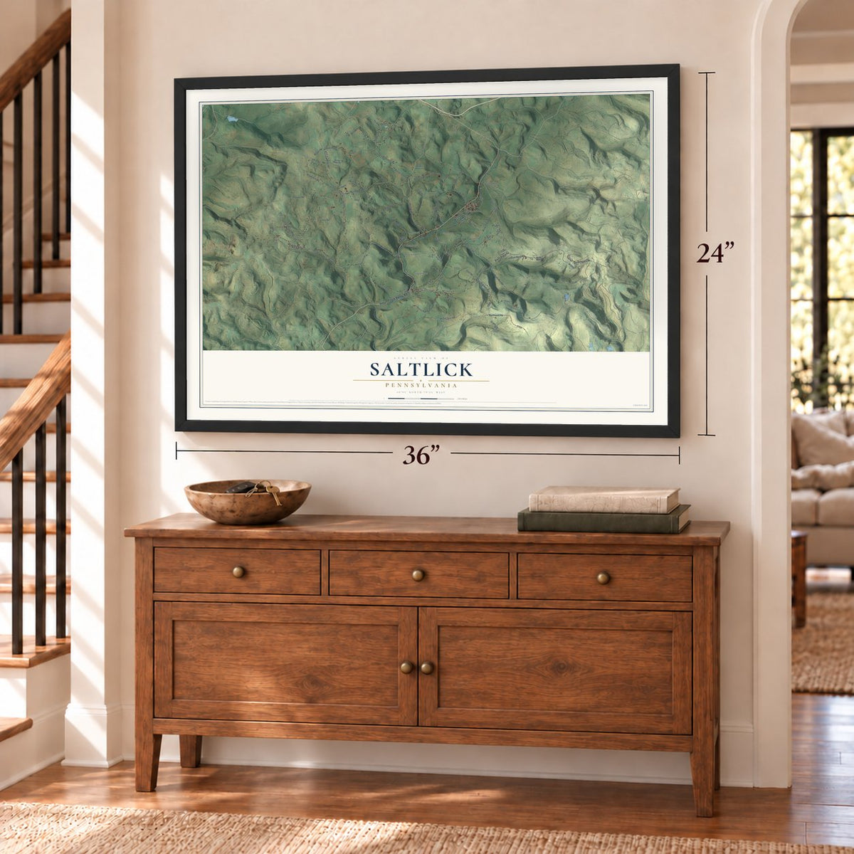 Saltlick, Pennsylvania map, 24 x 36 inch print in a black frame above a dresser by a staircase