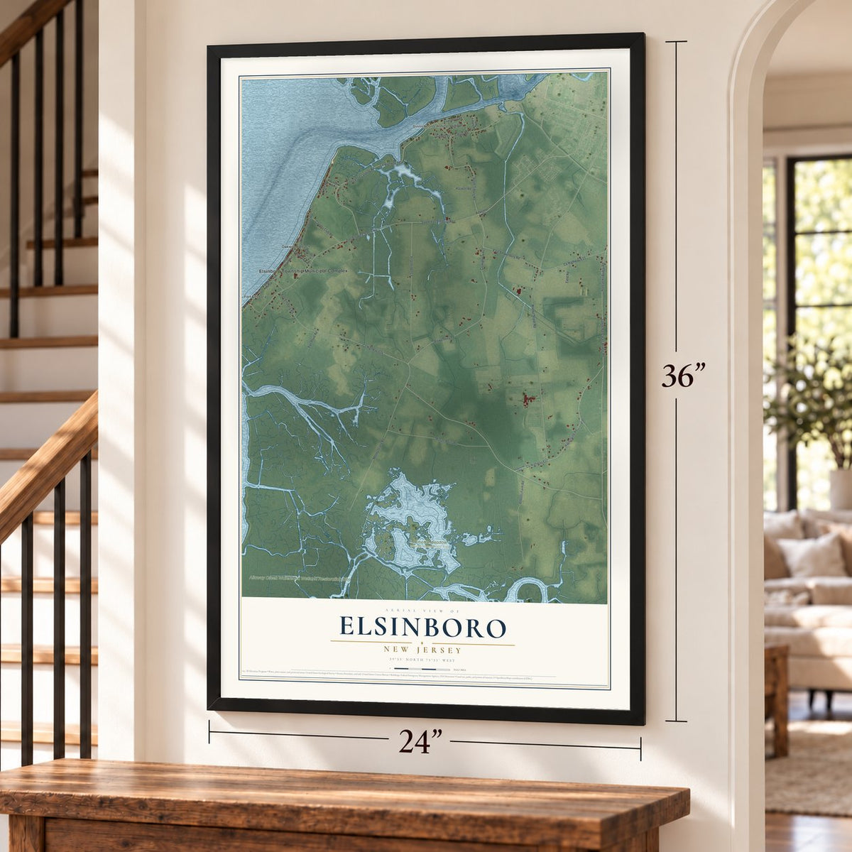 Elsinboro, New Jersey map, 24 x 36 inch print in a black frame by a staircase