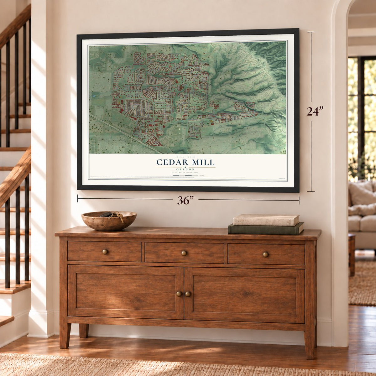 Cedar Mill, Oregon map, 24 x 36 inch print in a black frame above a dresser by a staircase