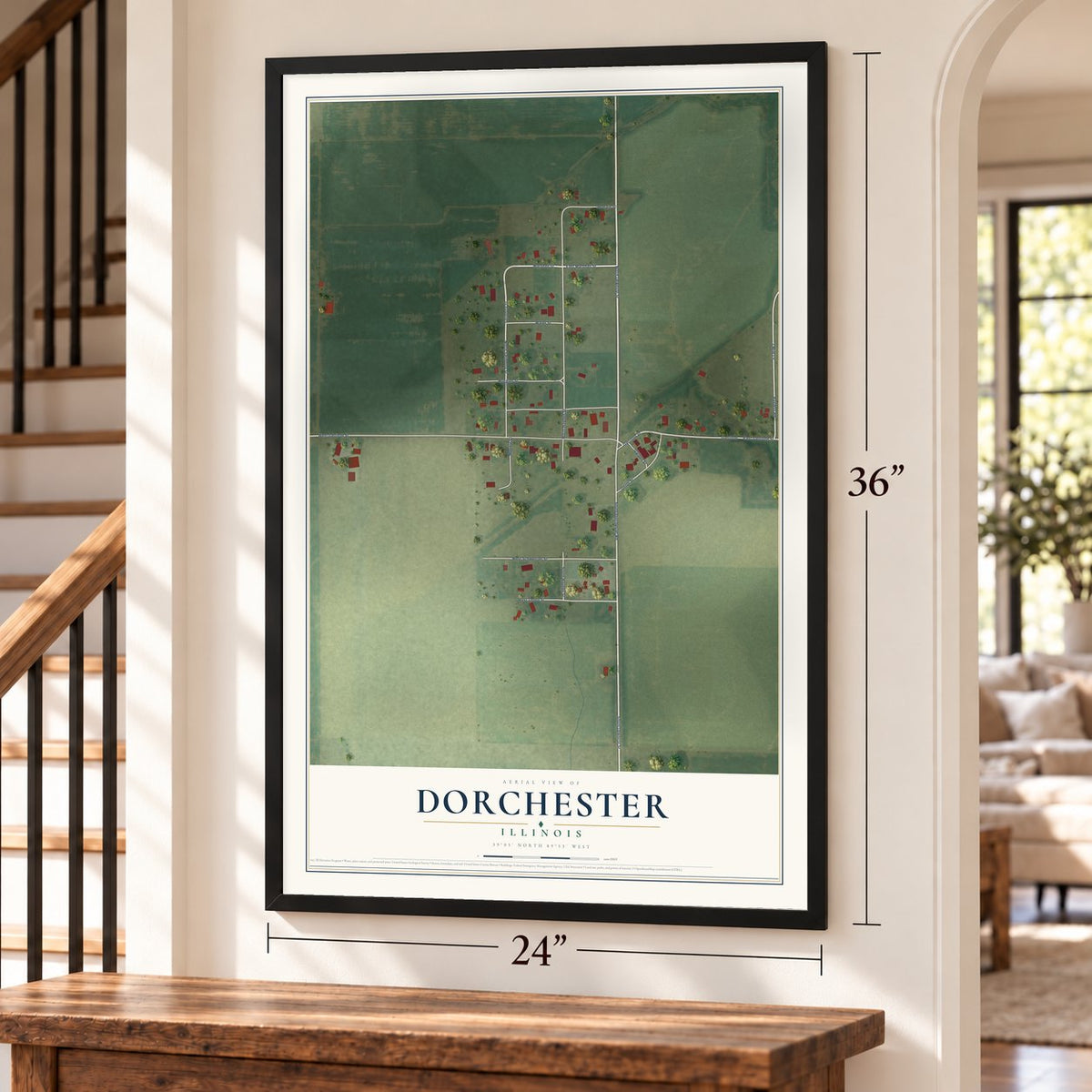 Dorchester, Illinois map, 24 x 36 inch print in a black frame by a staircase