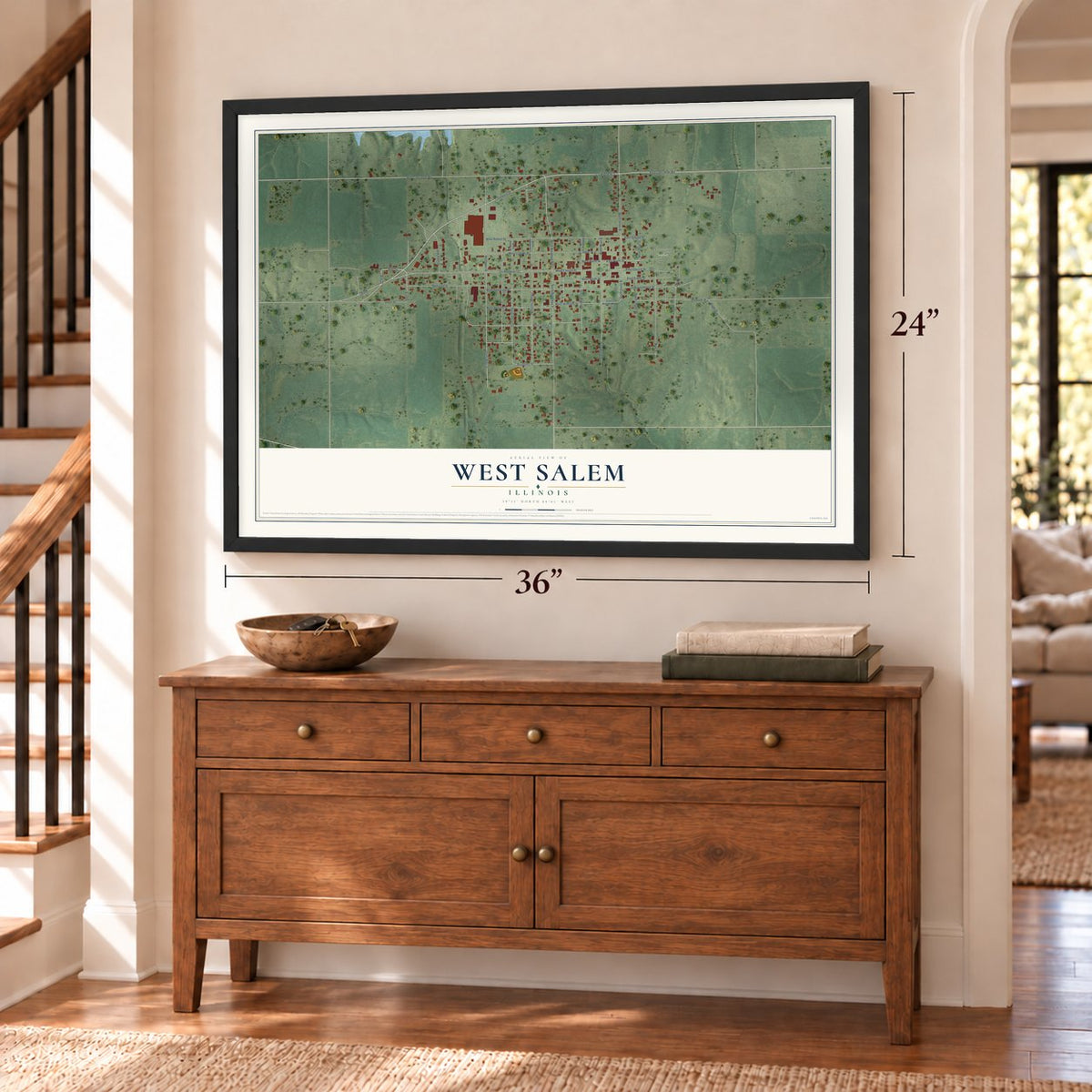 West Salem, Illinois map, 24 x 36 inch print in a black frame above a dresser by a staircase