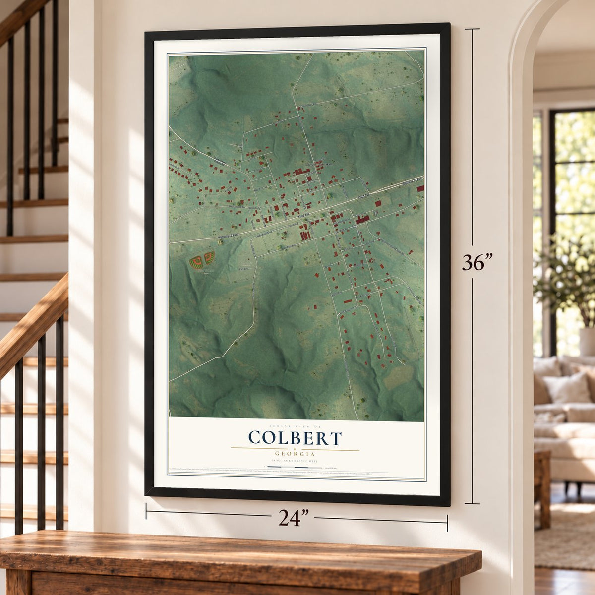 Colbert, Georgia map, 24 x 36 inch print in a black frame by a staircase