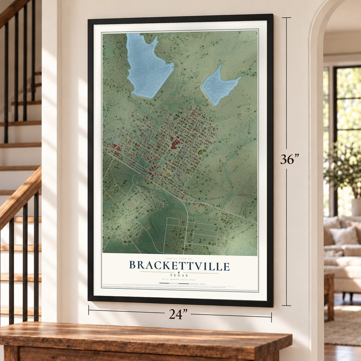 Brackettville, Texas map, 24 x 36 inch print in a black frame by a staircase