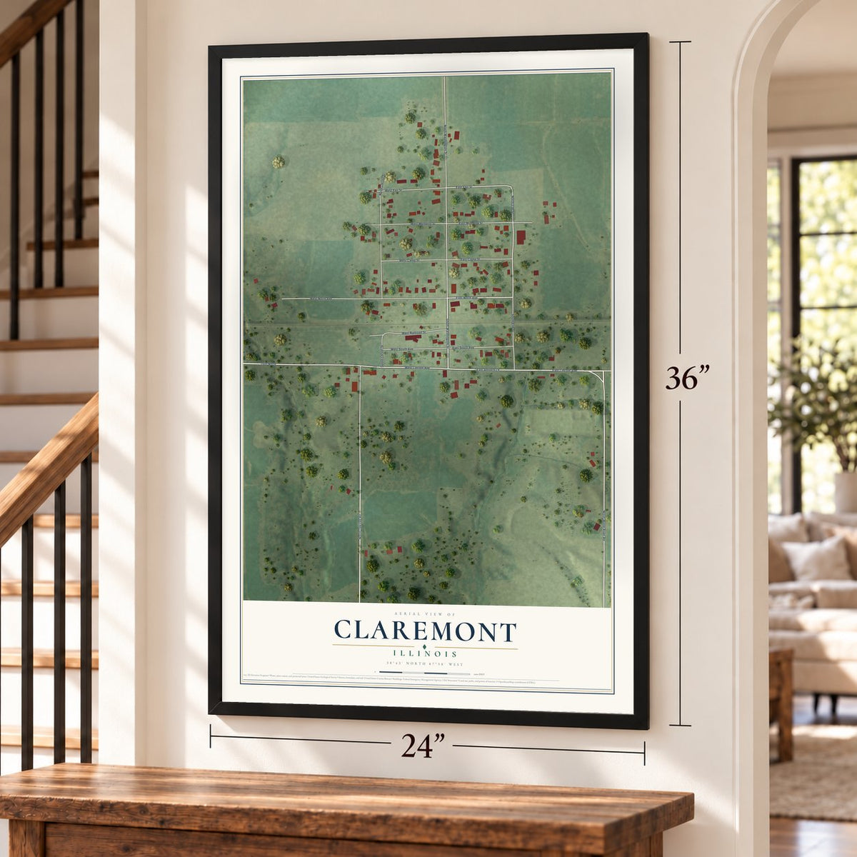 Claremont, Illinois map, 24 x 36 inch print in a black frame by a staircase