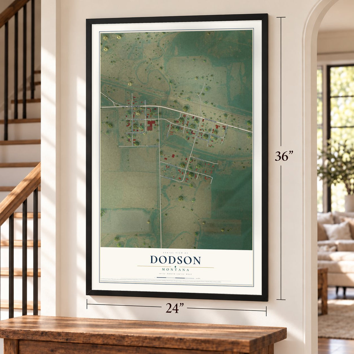Dodson, Montana map, 24 x 36 inch print in a black frame by a staircase