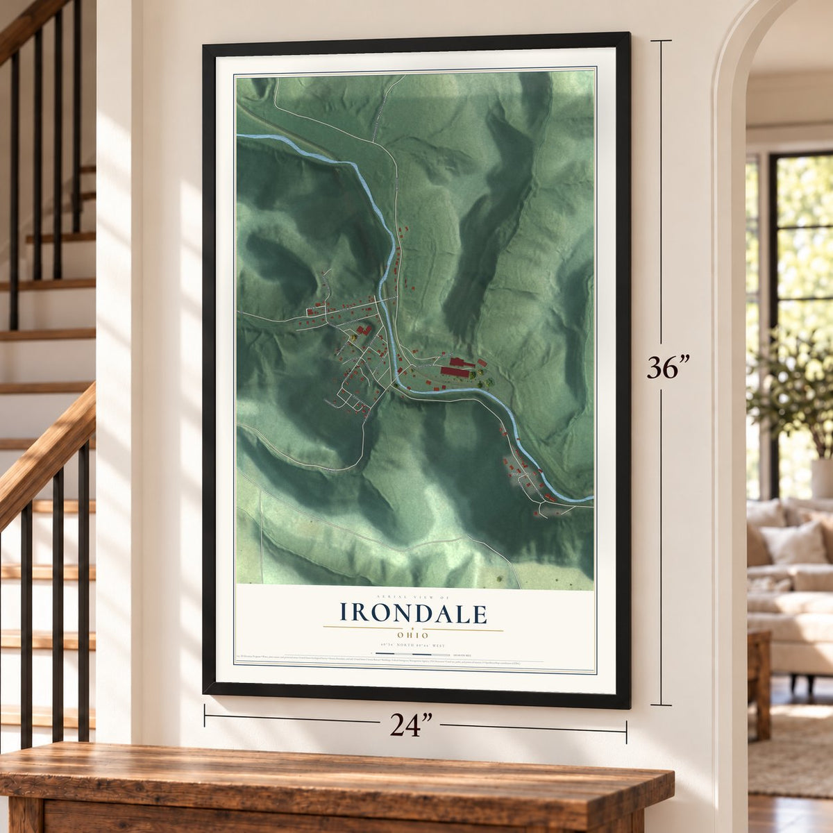 Irondale, Ohio map, 24 x 36 inch print in a black frame by a staircase