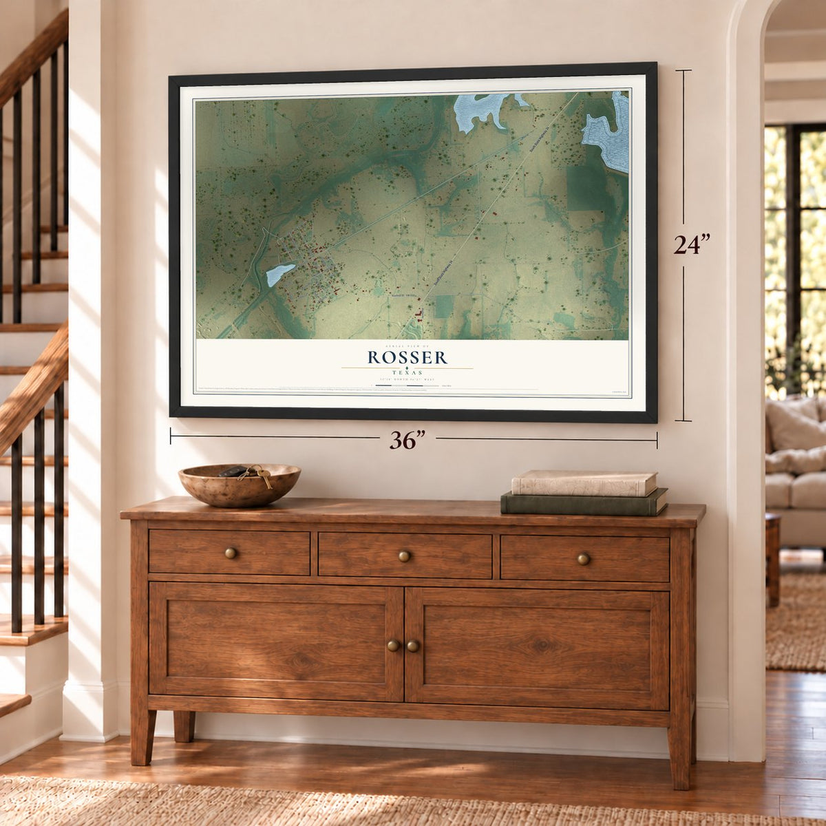 Rosser, Texas map, 24 x 36 inch print in a black frame above a dresser by a staircase