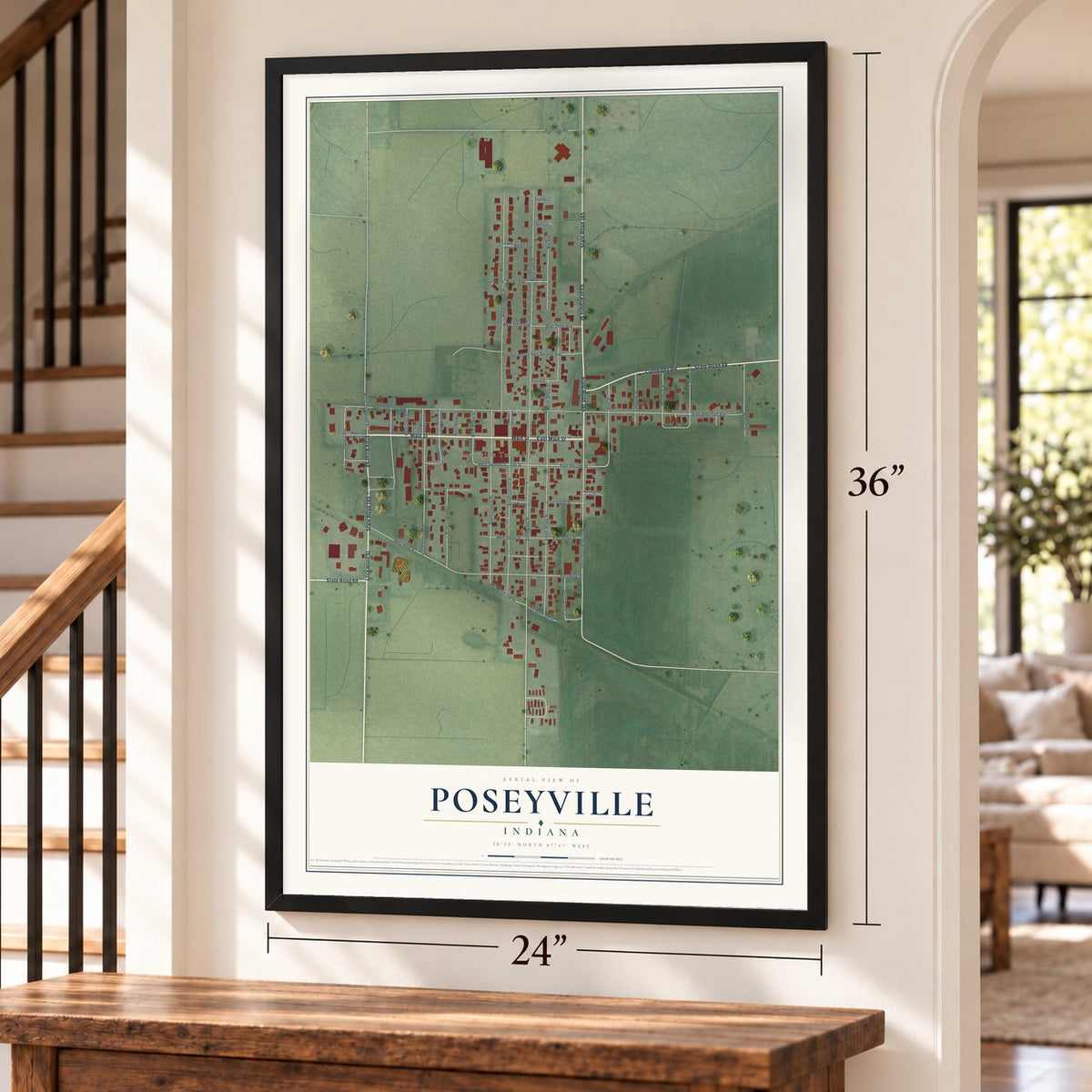 Poseyville, Indiana map, 24 x 36 inch print in a black frame by a staircase