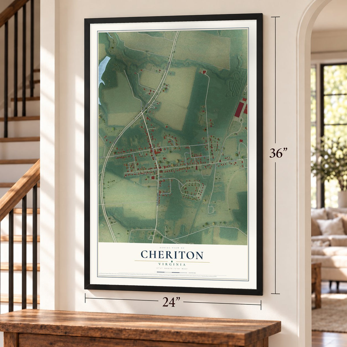 Cheriton, Virginia map, 24 x 36 inch print in a black frame by a staircase