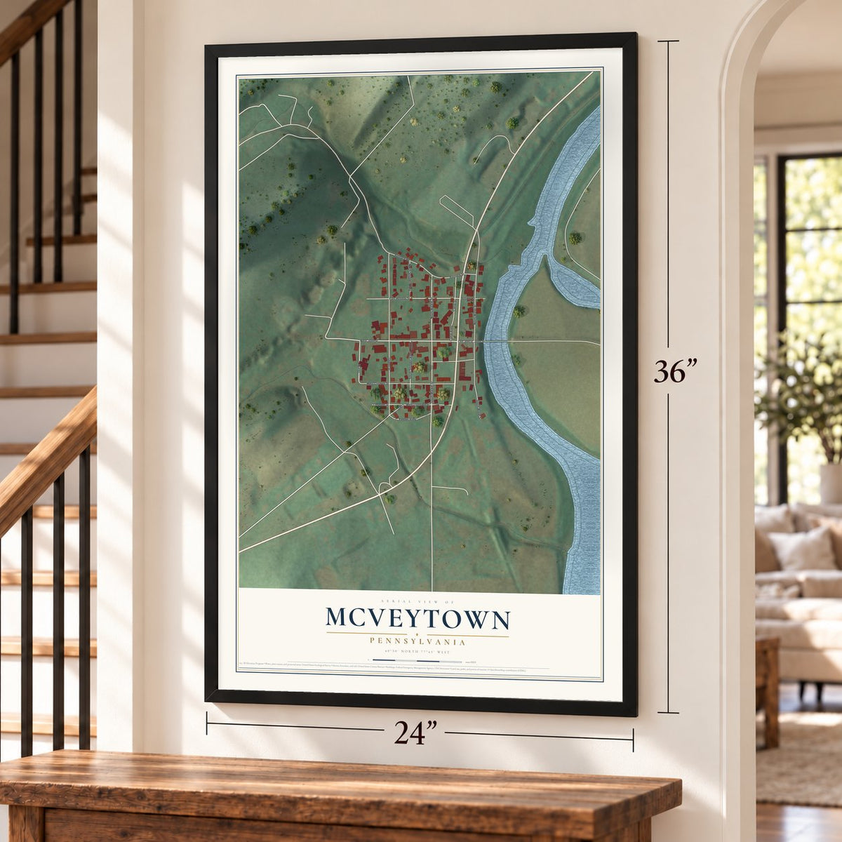 McVeytown, Pennsylvania map, 24 x 36 inch print in a black frame by a staircase