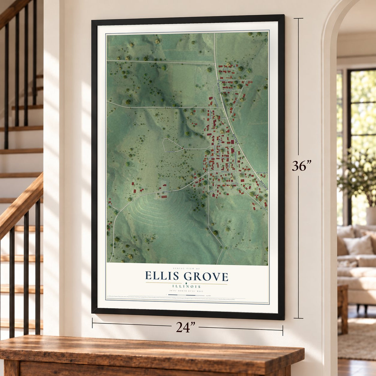 Ellis Grove, Illinois map, 24 x 36 inch print in a black frame by a staircase
