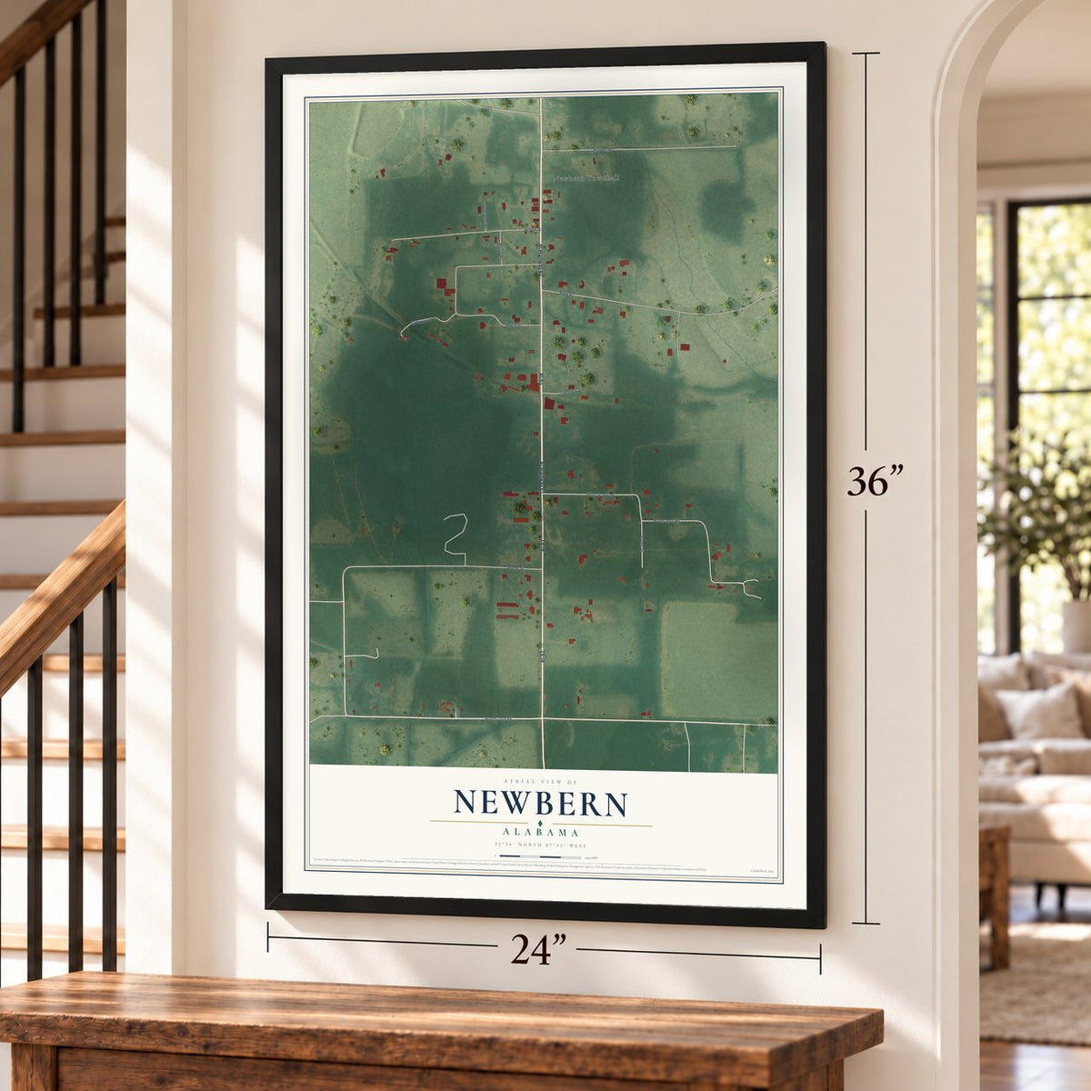 Newbern, Alabama map, 24 x 36 inch print in a black frame by a staircase