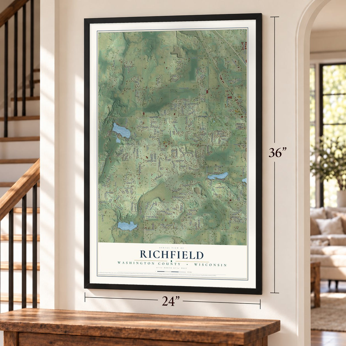 Richfield, Washington County, Wisconsin map, 24 x 36 inch print in a black frame by a staircase