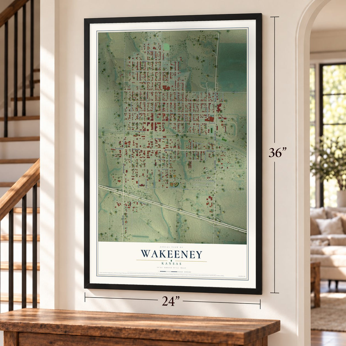 WaKeeney, Kansas map, 24 x 36 inch print in a black frame by a staircase