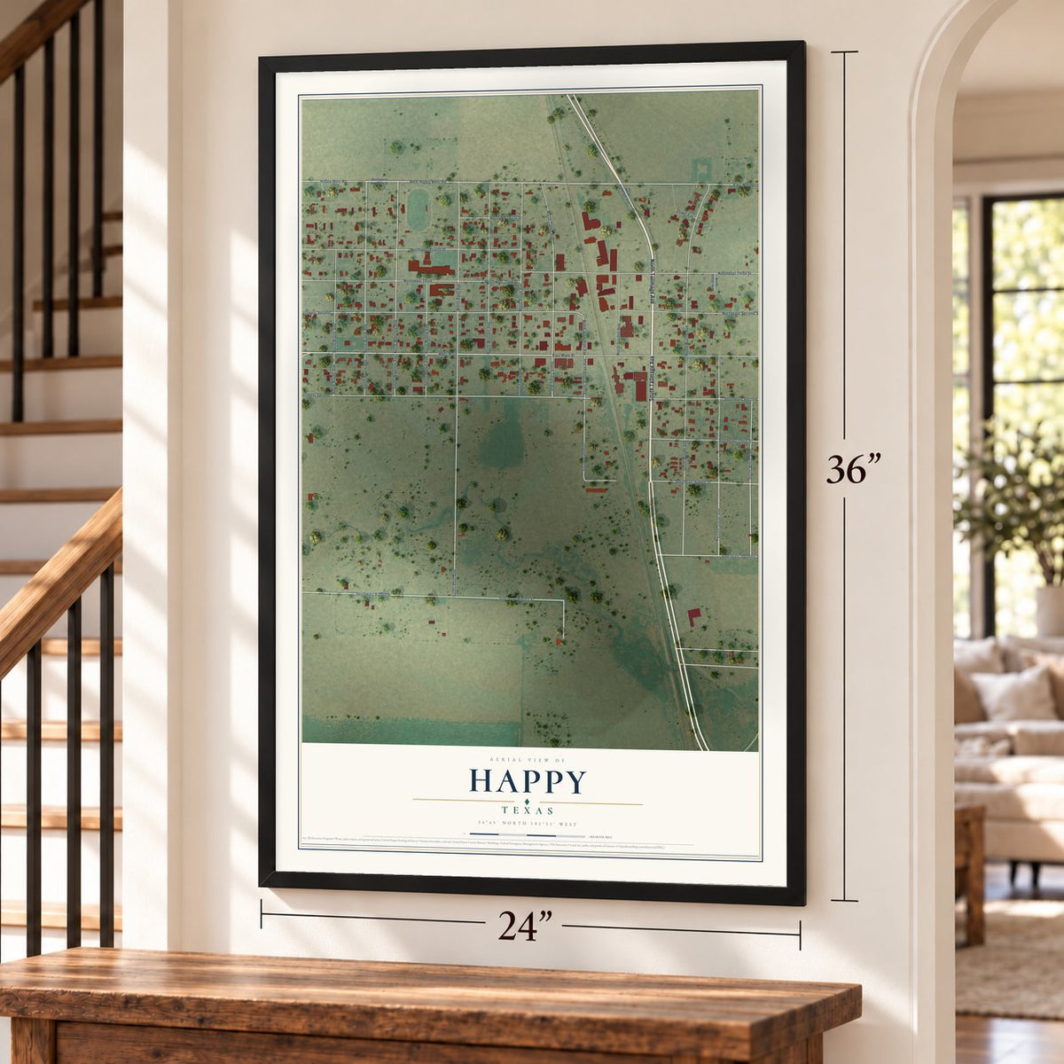 Happy, Texas map, 24 x 36 inch print in a black frame by a staircase