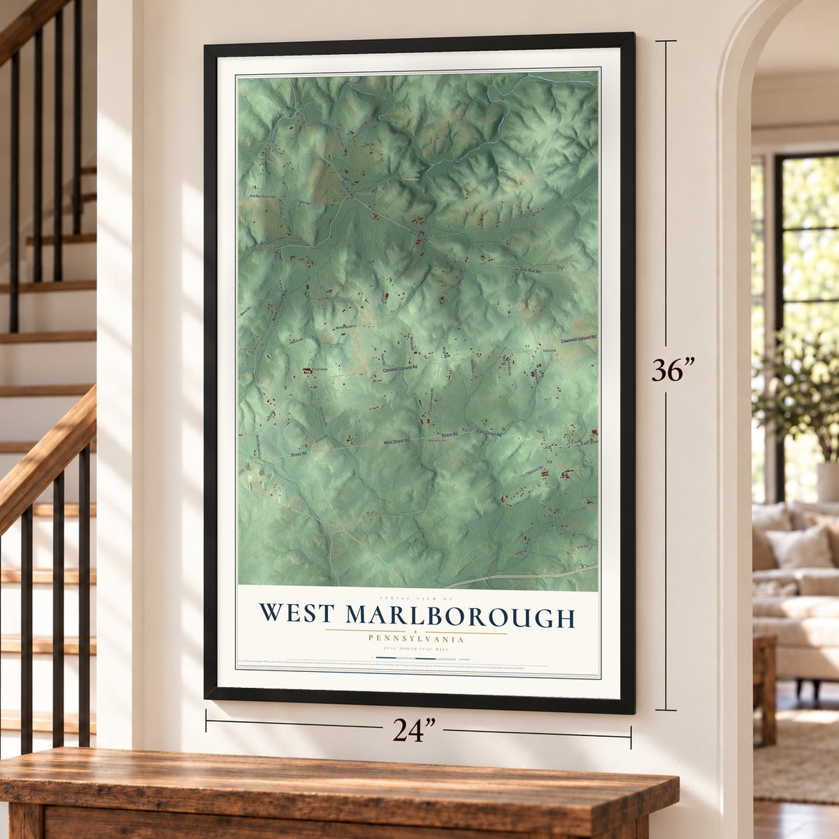 West Marlborough, Pennsylvania map, 24 x 36 inch print in a black frame by a staircase