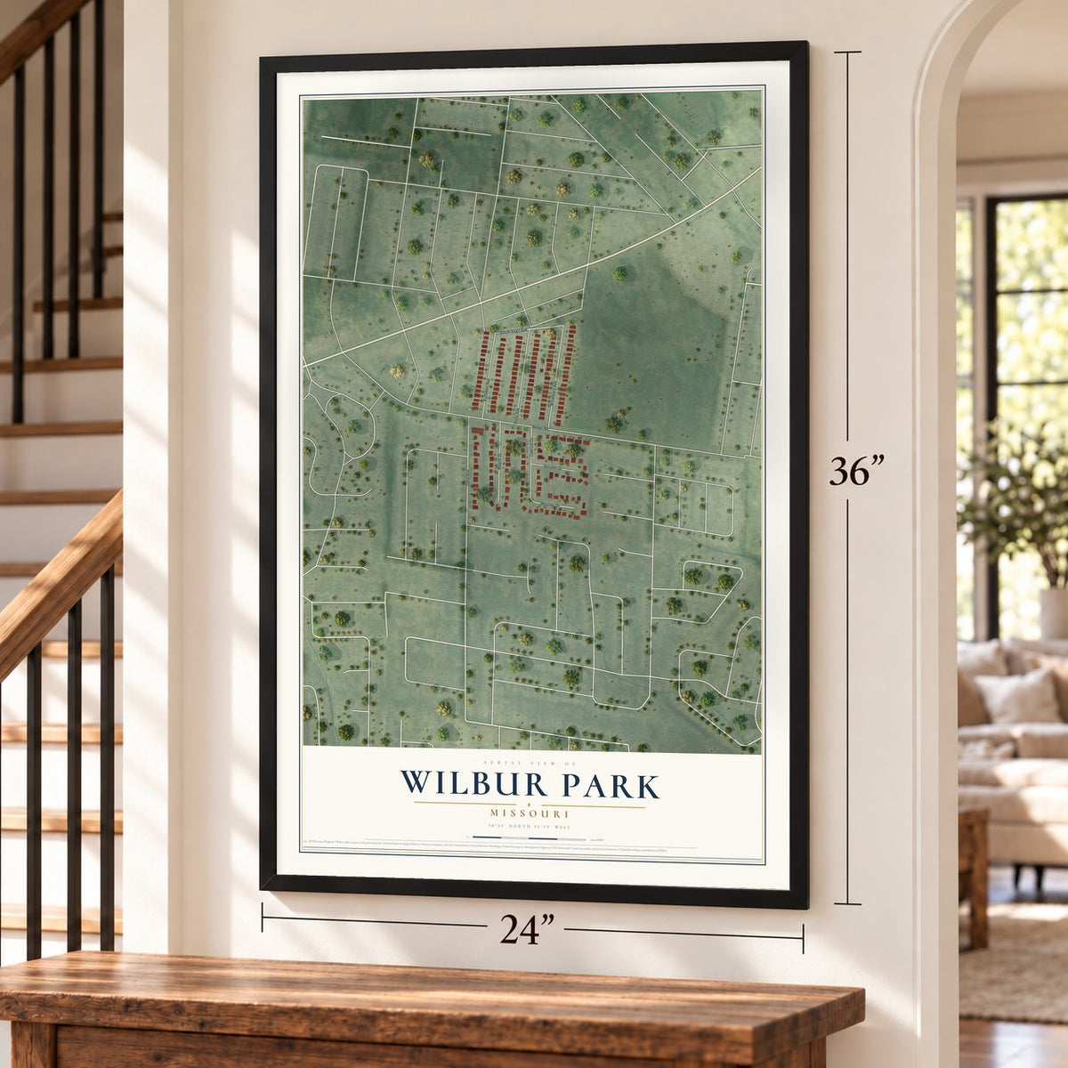 Wilbur Park, Missouri map, 24 x 36 inch print in a black frame by a staircase