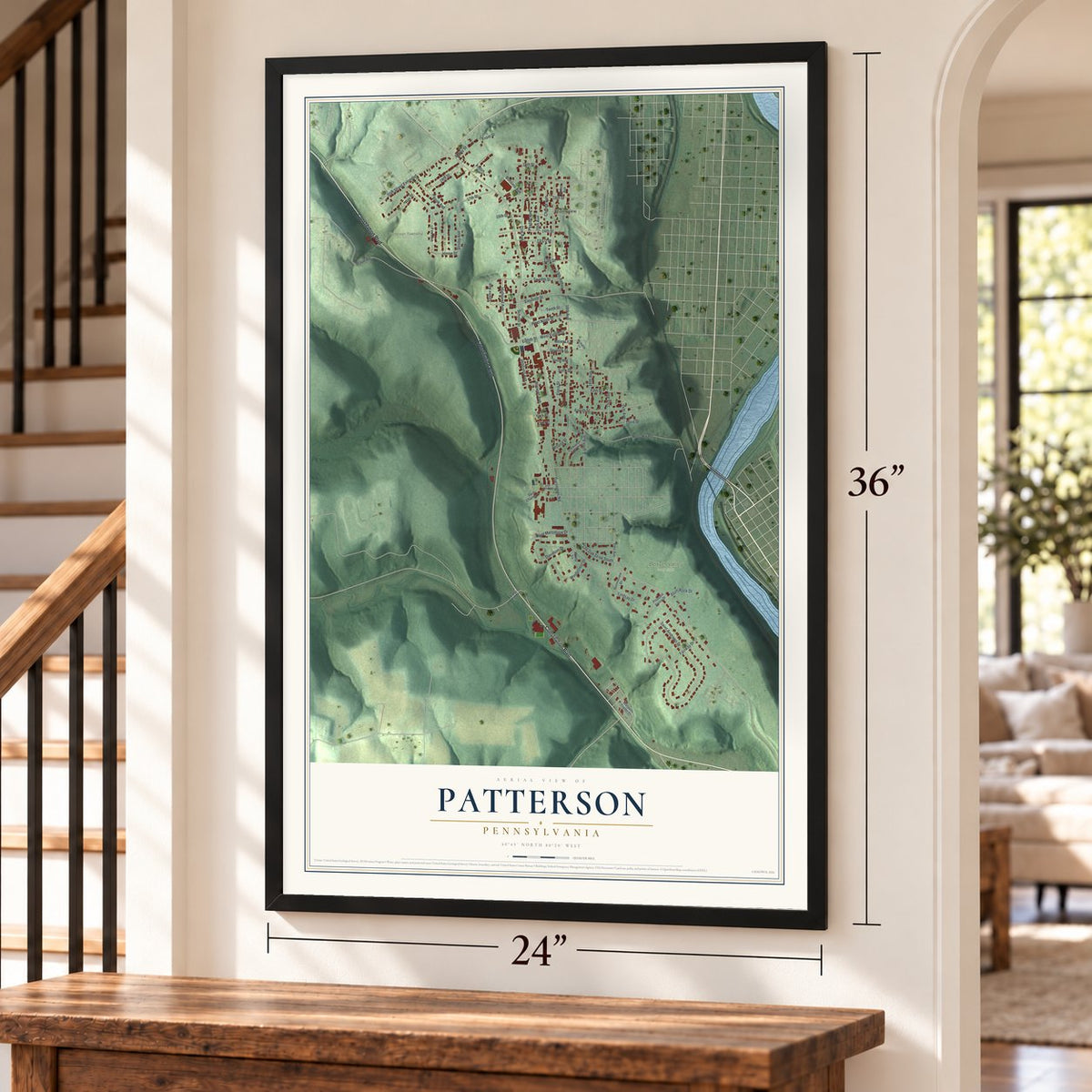 Patterson, Pennsylvania map, 24 x 36 inch print in a black frame by a staircase