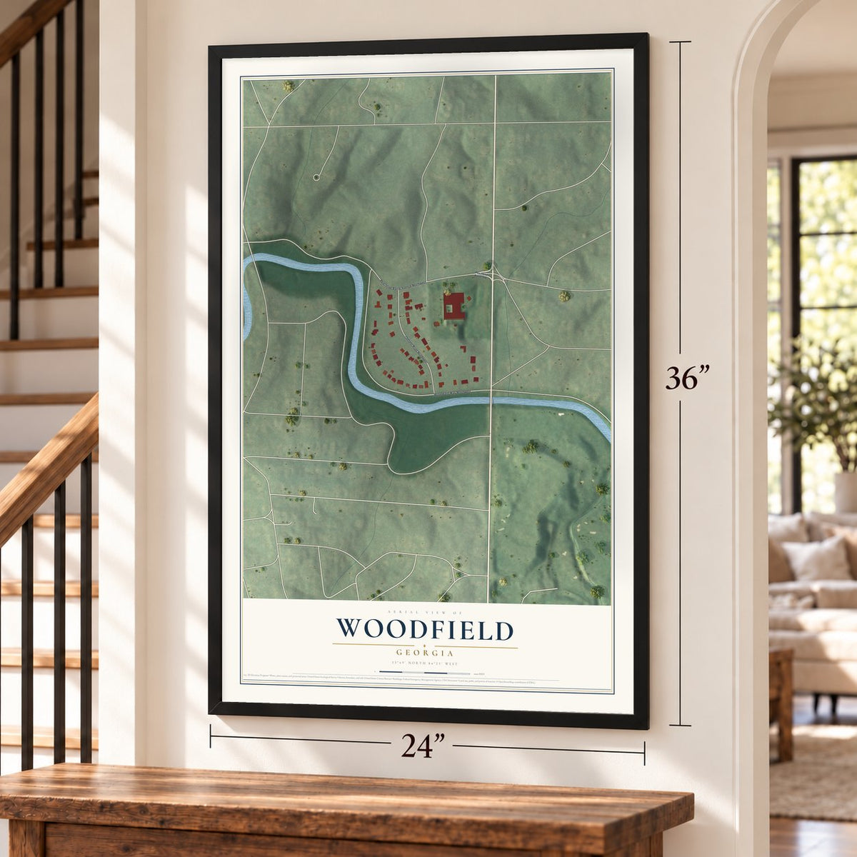 Woodfield, Georgia map, 24 x 36 inch print in a black frame by a staircase