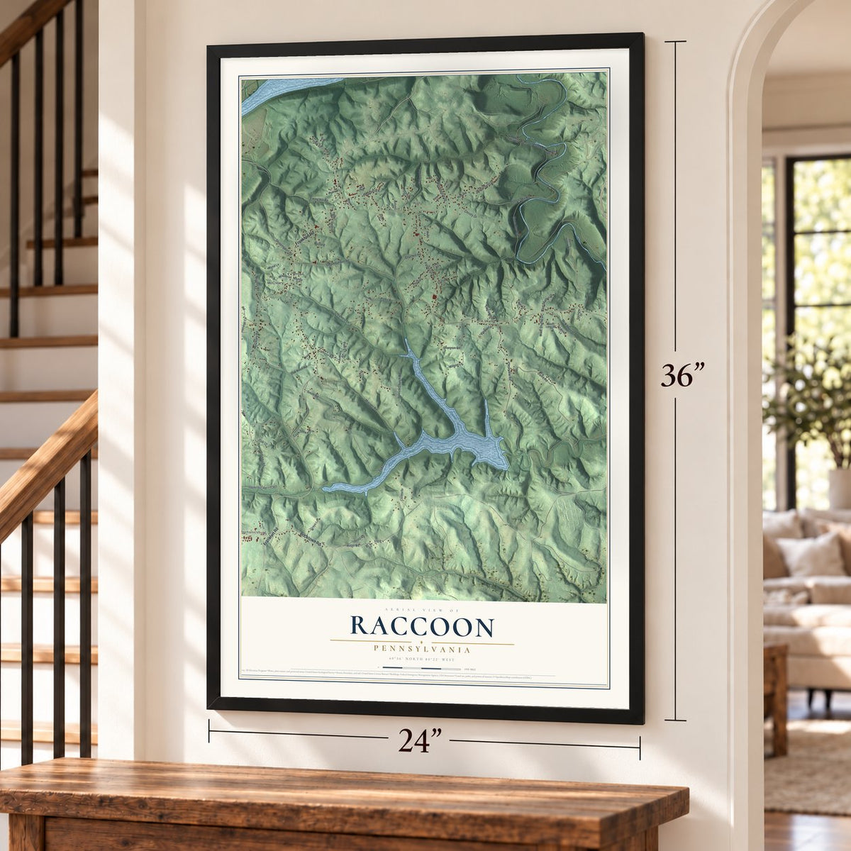 Raccoon, Pennsylvania map, 24 x 36 inch print in a black frame by a staircase
