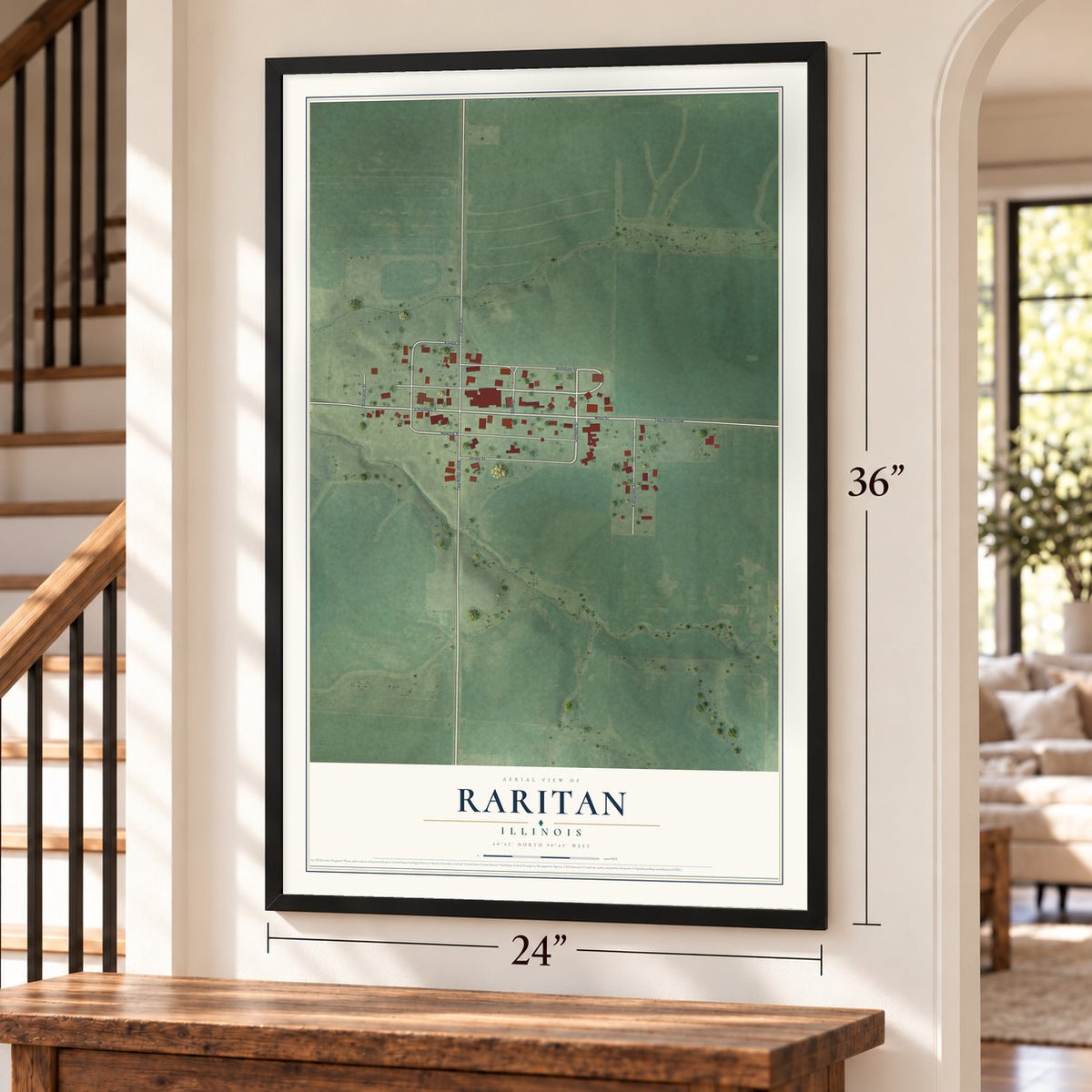 Raritan, Illinois map, 24 x 36 inch print in a black frame by a staircase