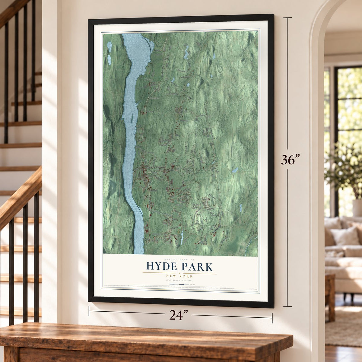Hyde Park, New York map, 24 x 36 inch print in a black frame by a staircase