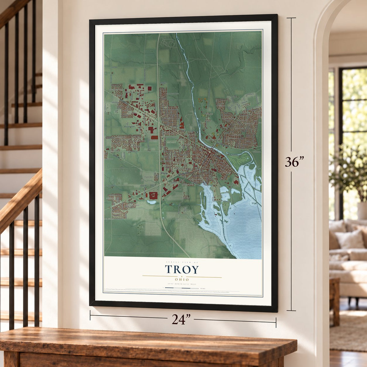 Troy, Ohio map, 24 x 36 inch print in a black frame by a staircase