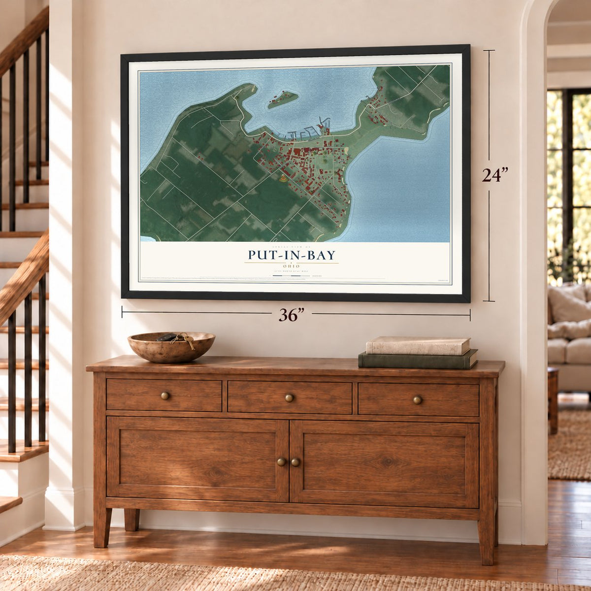 Put-in-Bay, Ohio map, 24 x 36 inch print in a black frame above a dresser by a staircase