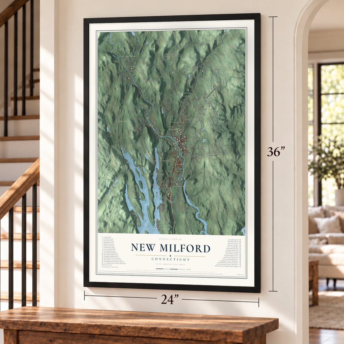 New Milford, Connecticut map, 24 x 36 inch print in a black frame by a staircase
