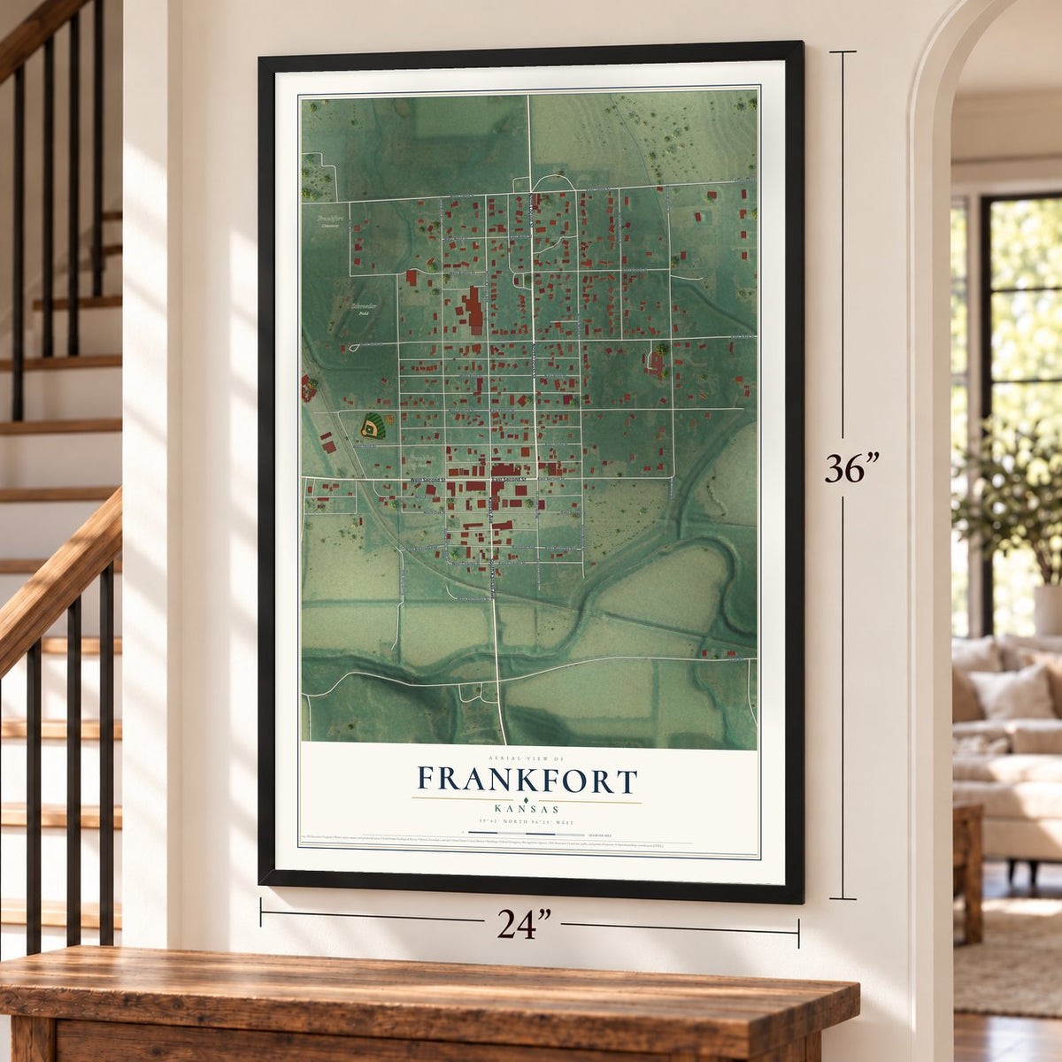 Frankfort, Kansas map, 24 x 36 inch print in a black frame by a staircase
